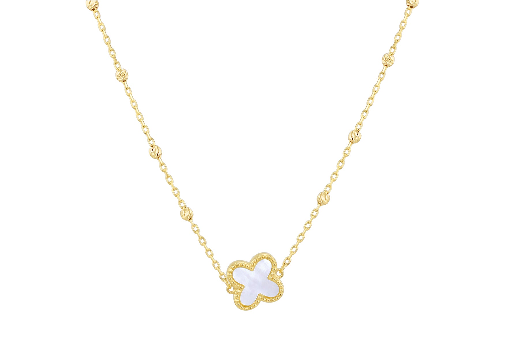 9ct Yellow Gold Mother Of Pearl Clover Ball Chain Necklace