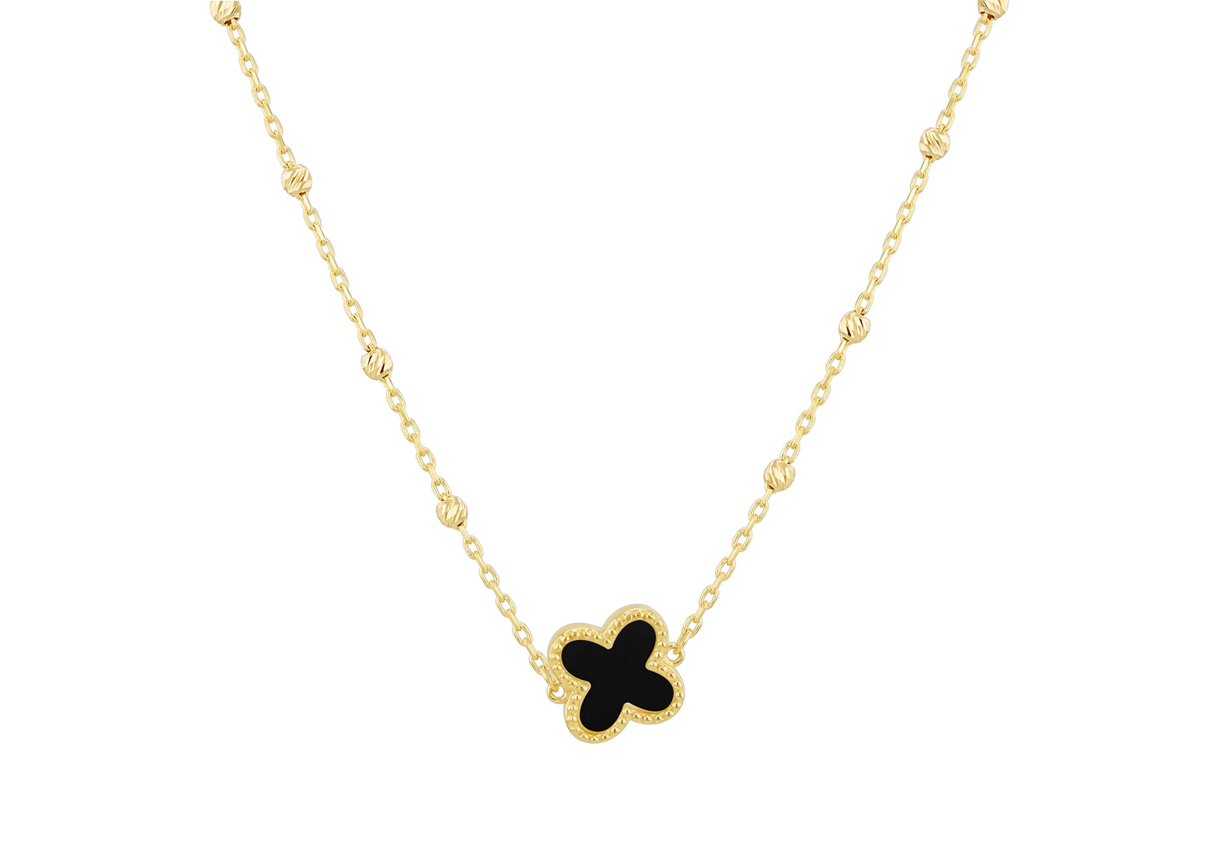 9ct Yellow Gold Black Onyx Clover Ball Chain Necklace