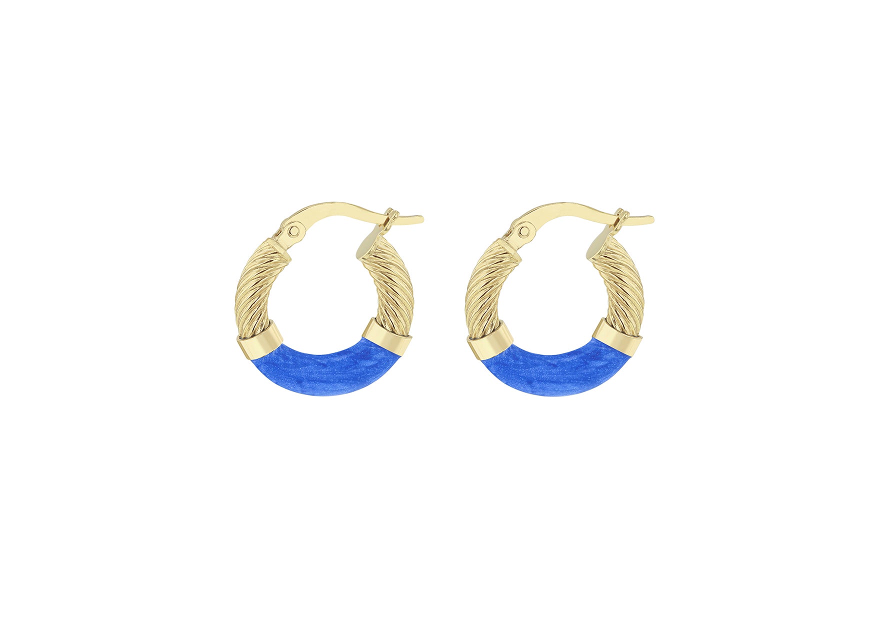 9ct Yellow Gold Blue Enamel Twisted Hoop Creole Earrings
