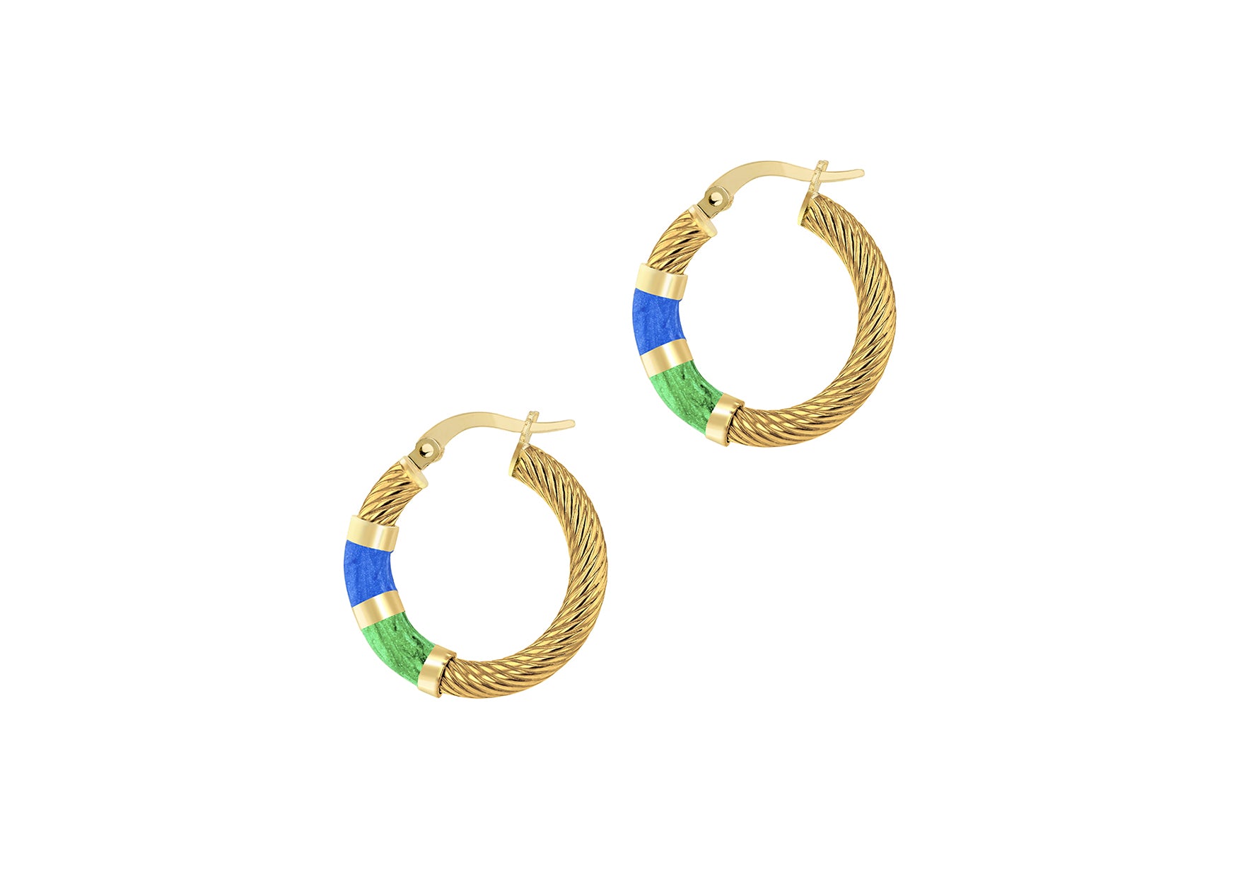 9ct Yellow Gold Blue & Green Glaze Twist Hoop Earrings