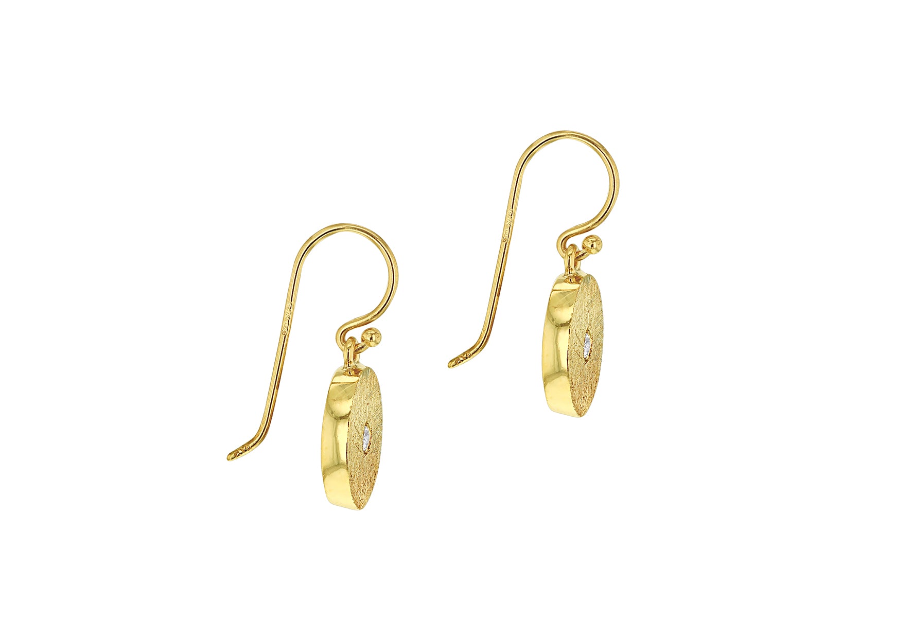 9ct Yellow Gold White Zirconia Brushed Discus Drop Earrings