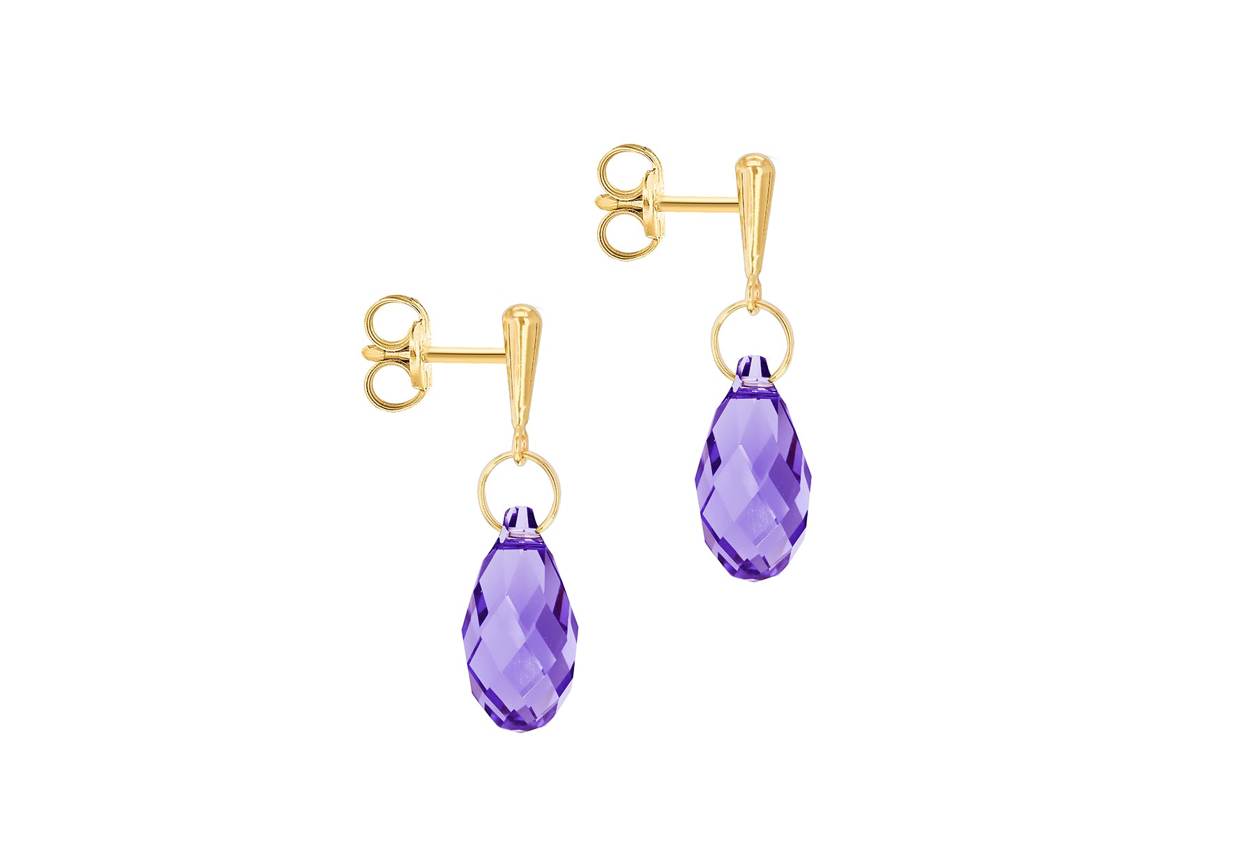 9ct Yellow Gold Purple Swarovski Crystal Drop Earrings