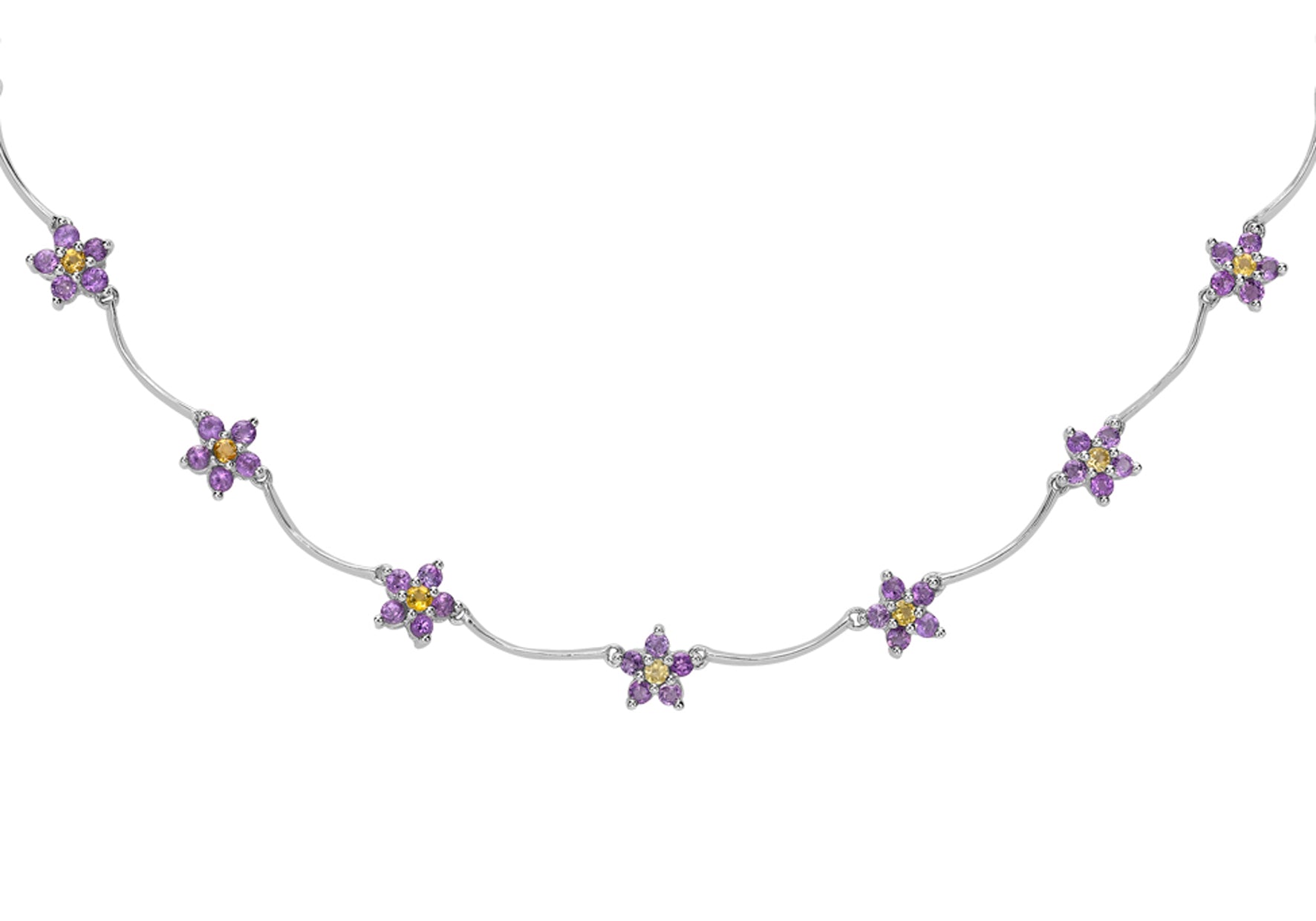 9ct White Gold Amethyst & Citrine Floral Necklet