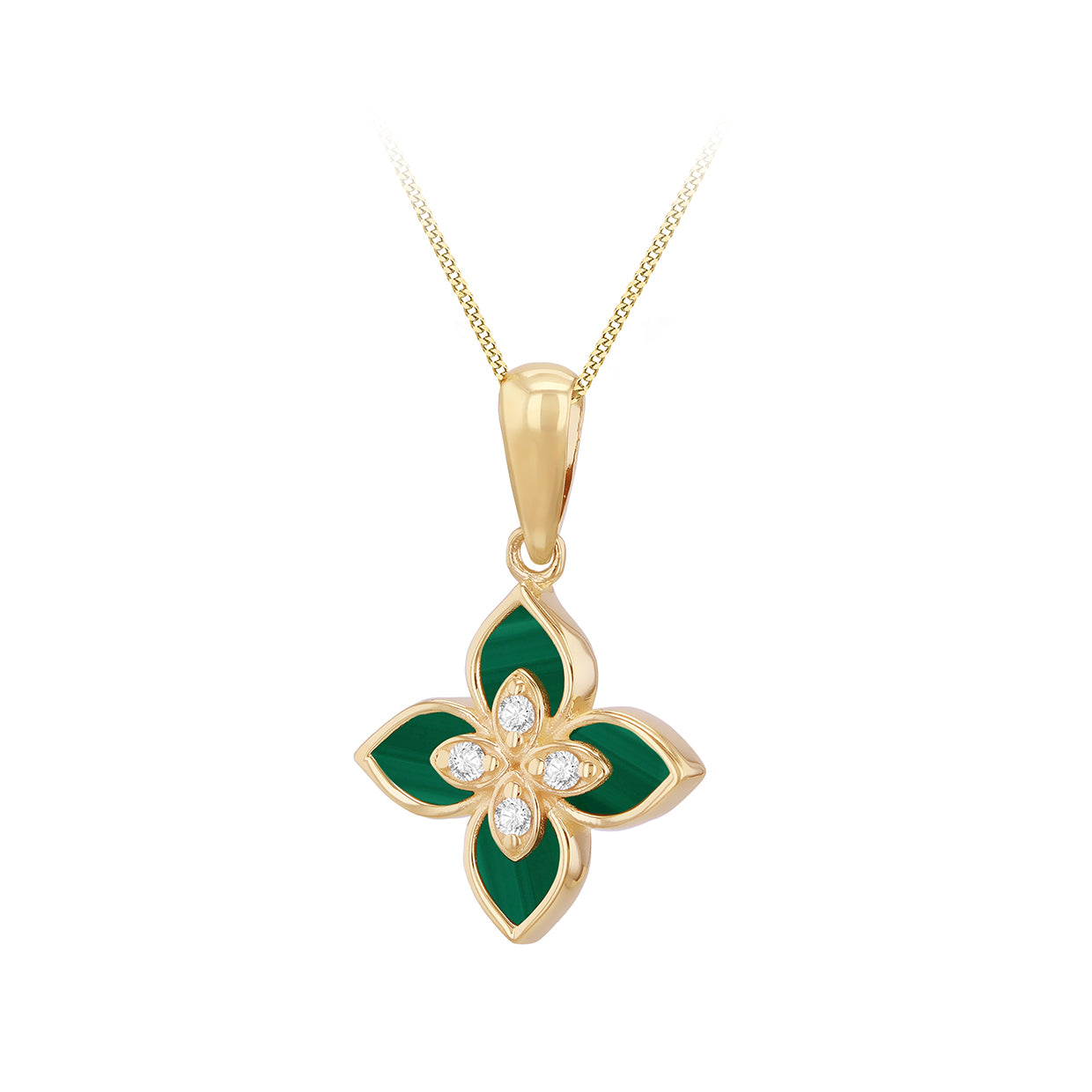 9ct Yellow Gold Malachite & Zirconia Clover Pendant