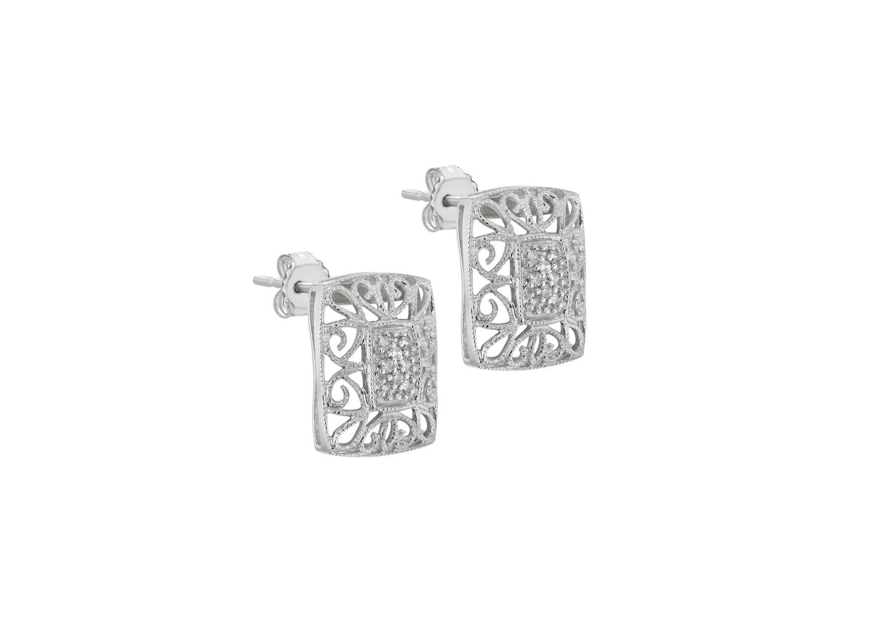 9ct White Gold 0.10ct Diamond Filigree Openwork Stud Earrings