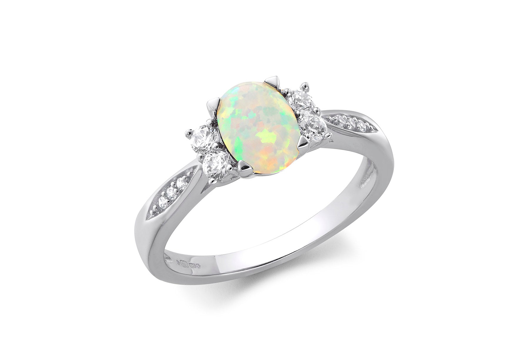 9ct White Gold Zirconia & Opal Shoulder Ring