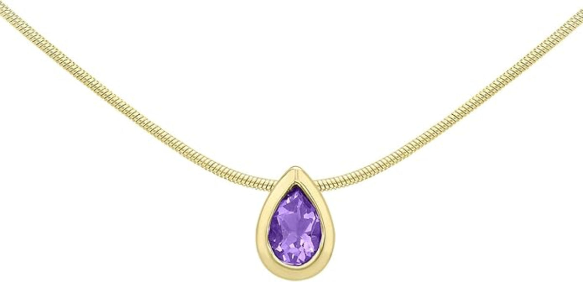 9ct Yellow Gold Amethyst Teardrop Slider Pendant on Snake Chain