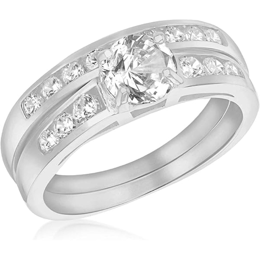Sterling Silver White Zirconia Engagement & Wedding Band Rings