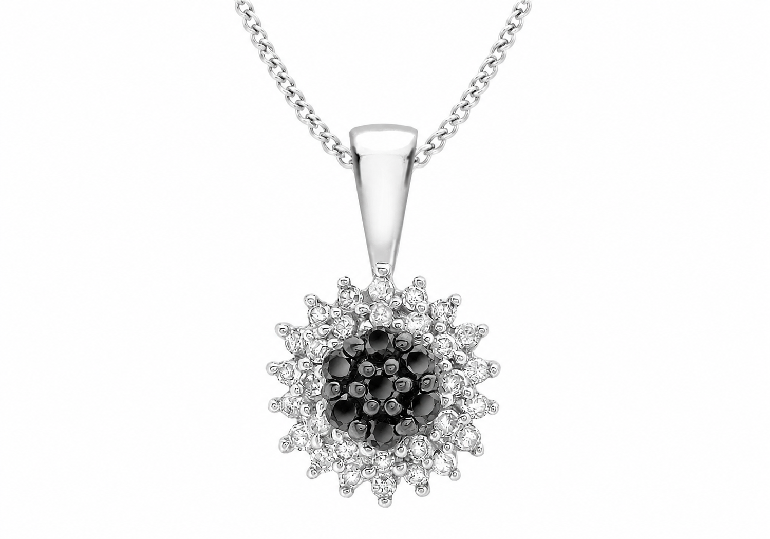 9ct White Gold 0.25ct Black & White Diamond Rosette Cluster Pendant