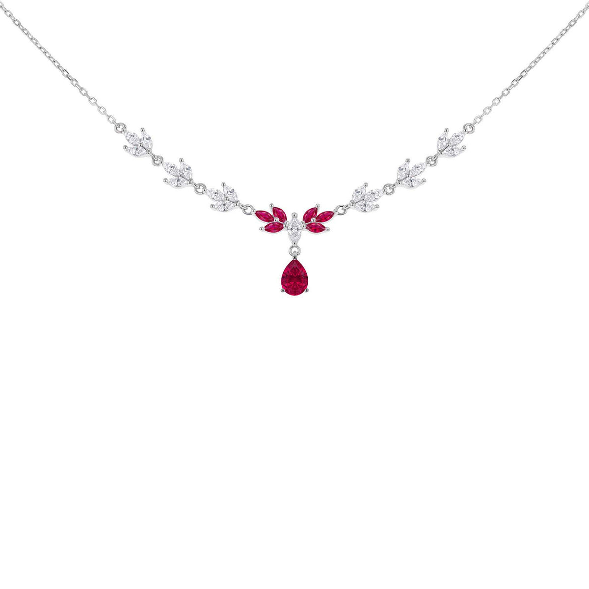 Sterling Silver Rhodium-Plated Crimson Marquise Garland Zirconia Necklace