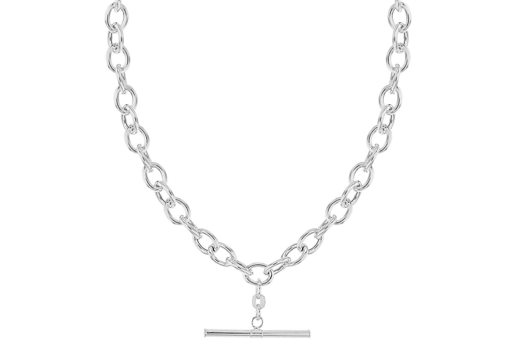 Sterling Silver T-Bar Belcher Chain Oval Links Albert Clasp Necklace