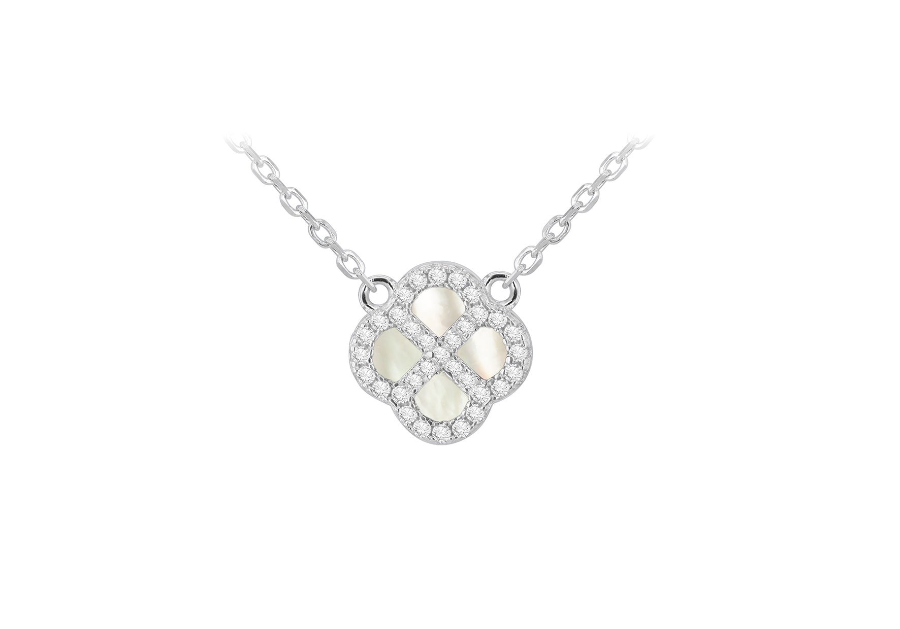 Sterling SIlver Clover Mother Of Pearl & White Zirconia Pendant
