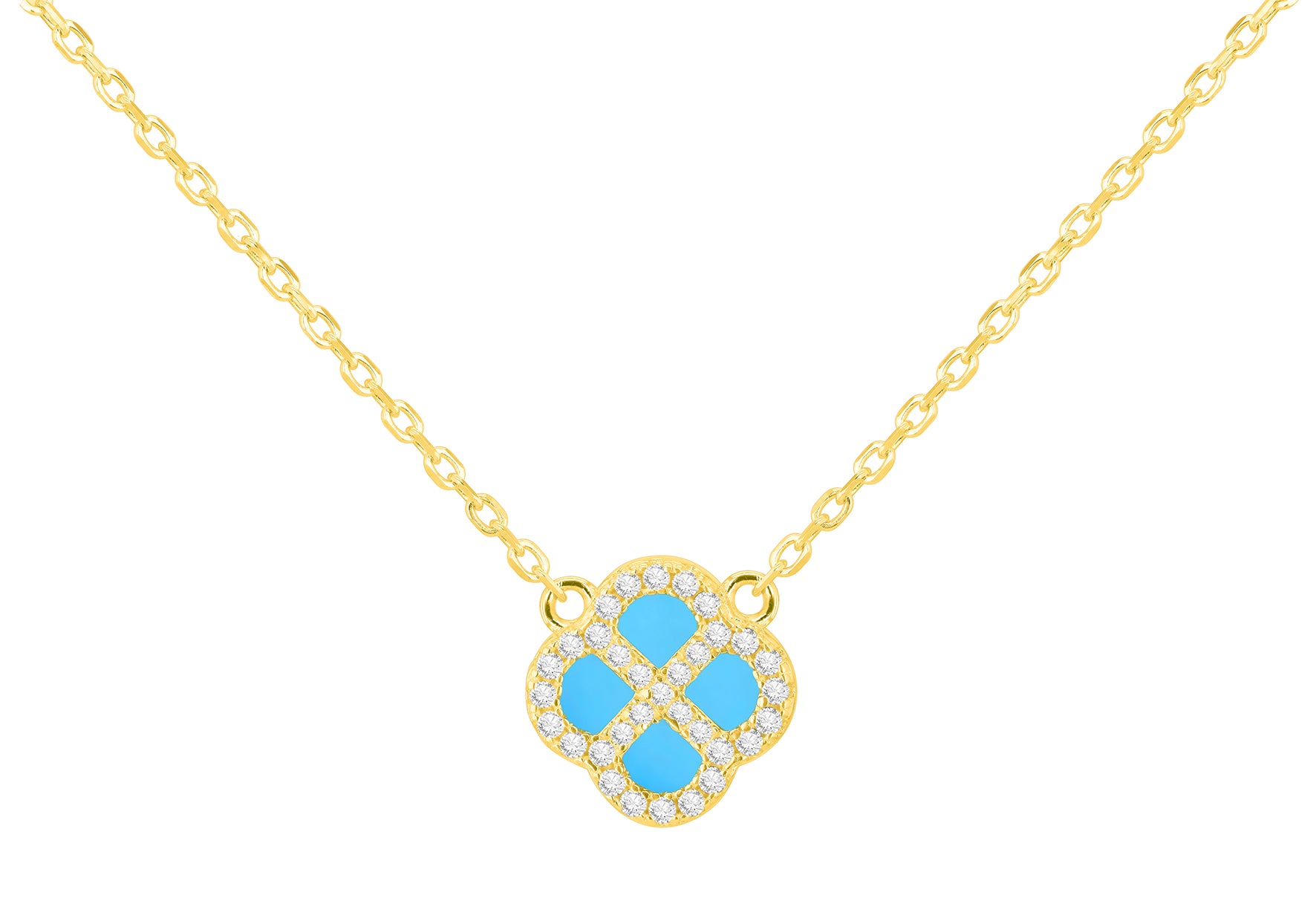 Yellow Gold Plated Sterling Silver Turquoise Clover & Zirconia Pendant