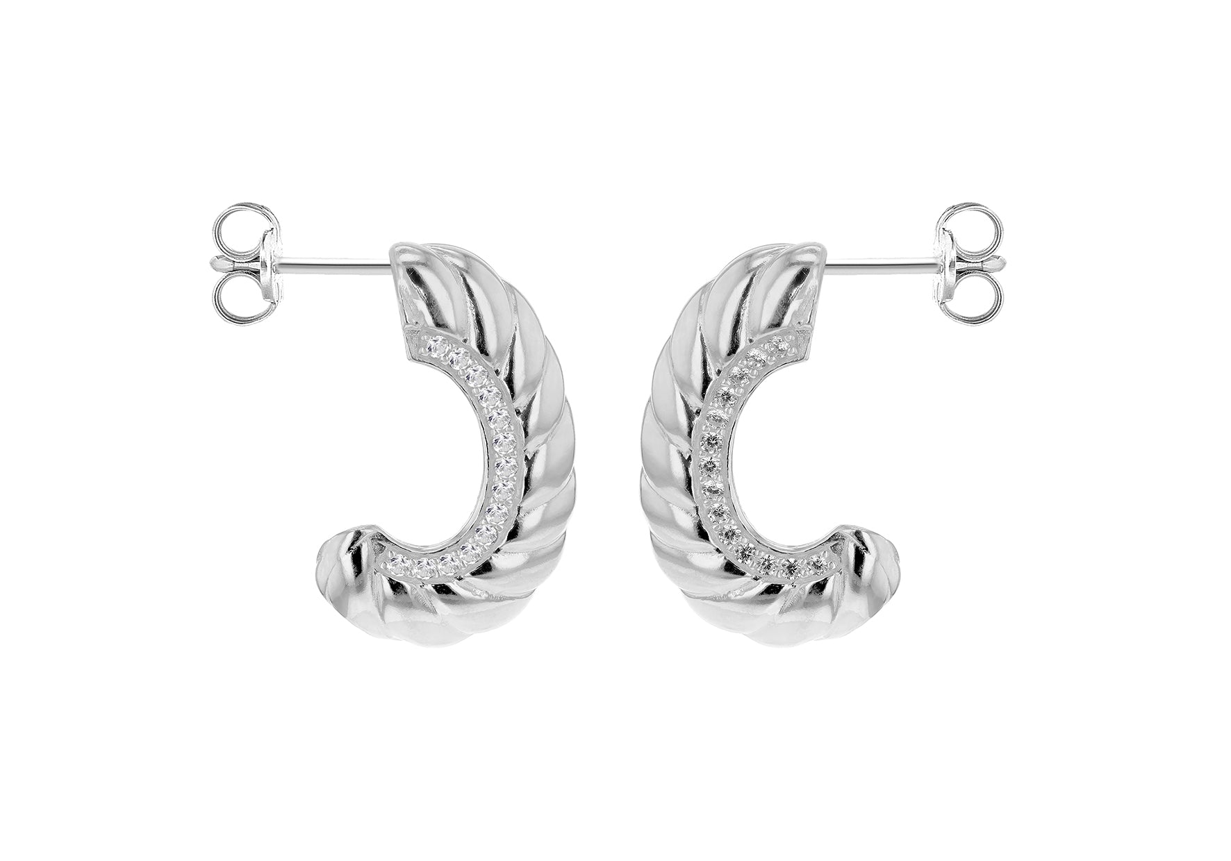 Sterling Silver Twisted Ribbed Zirconia Open Hoop Earrings