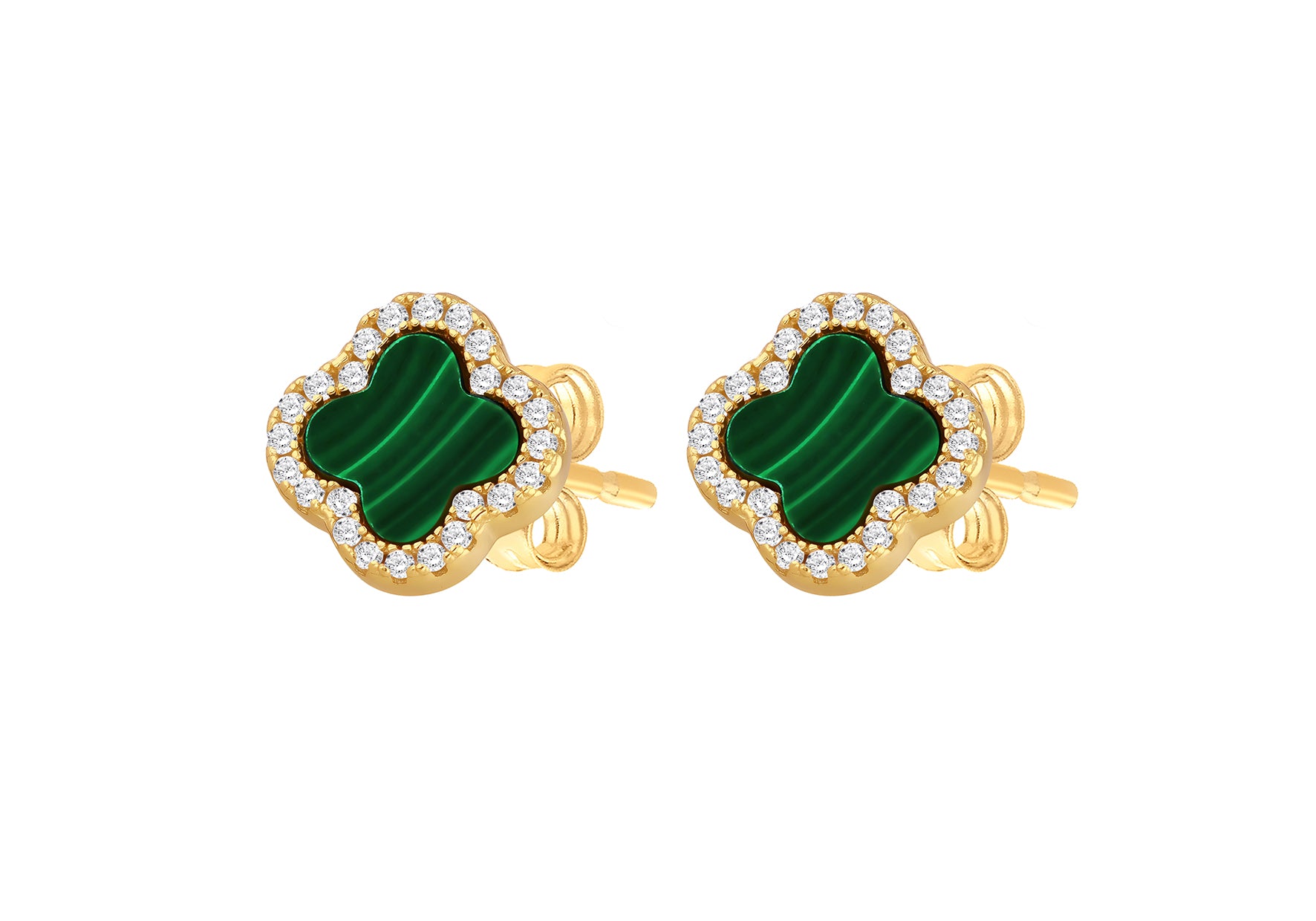 Yellow Gold Plated Sterling Silver Malachite Clover Stud Earrings