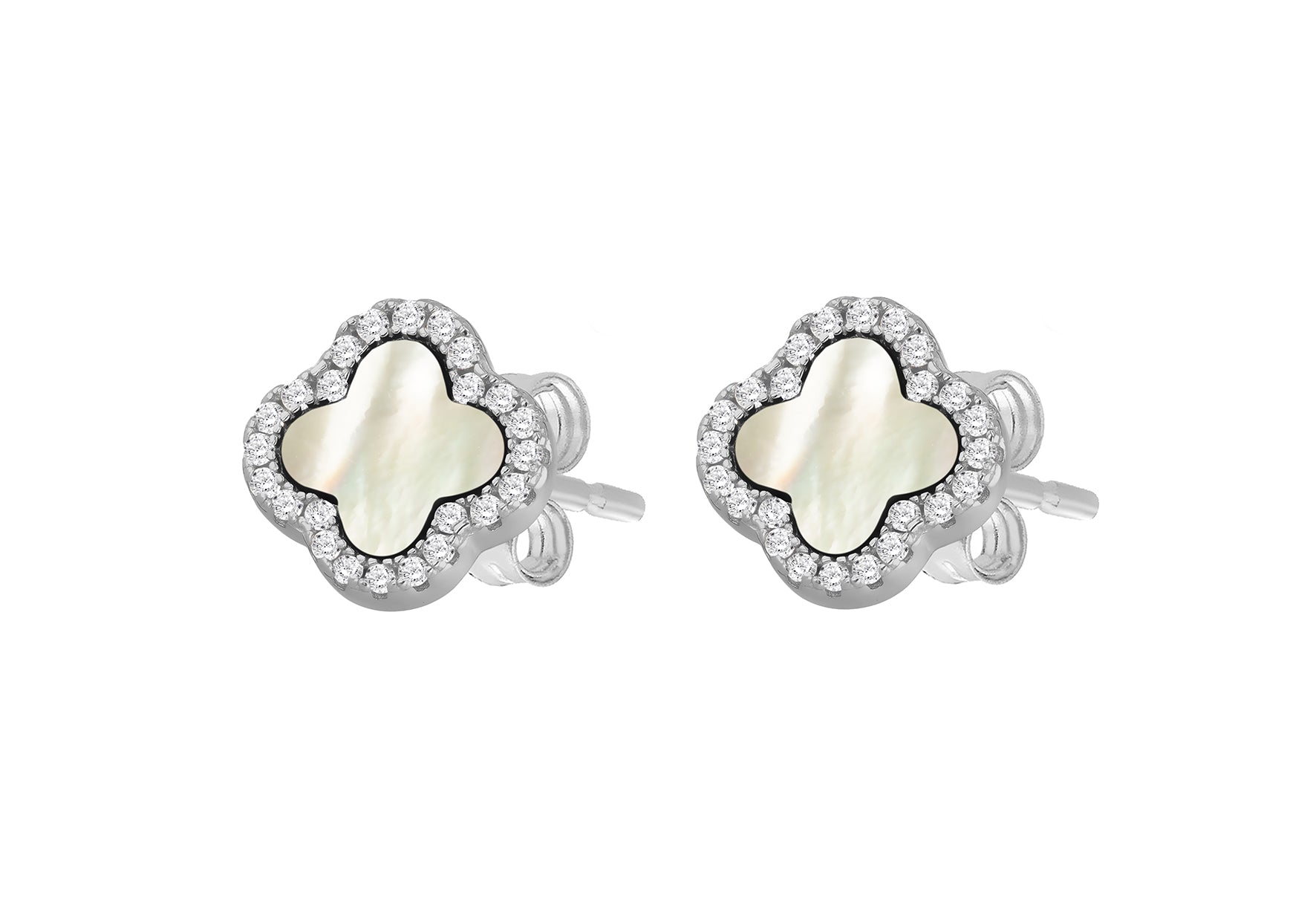 Sterling Silver Mother Of Pearl White Zirconia Clover Stud Earrings