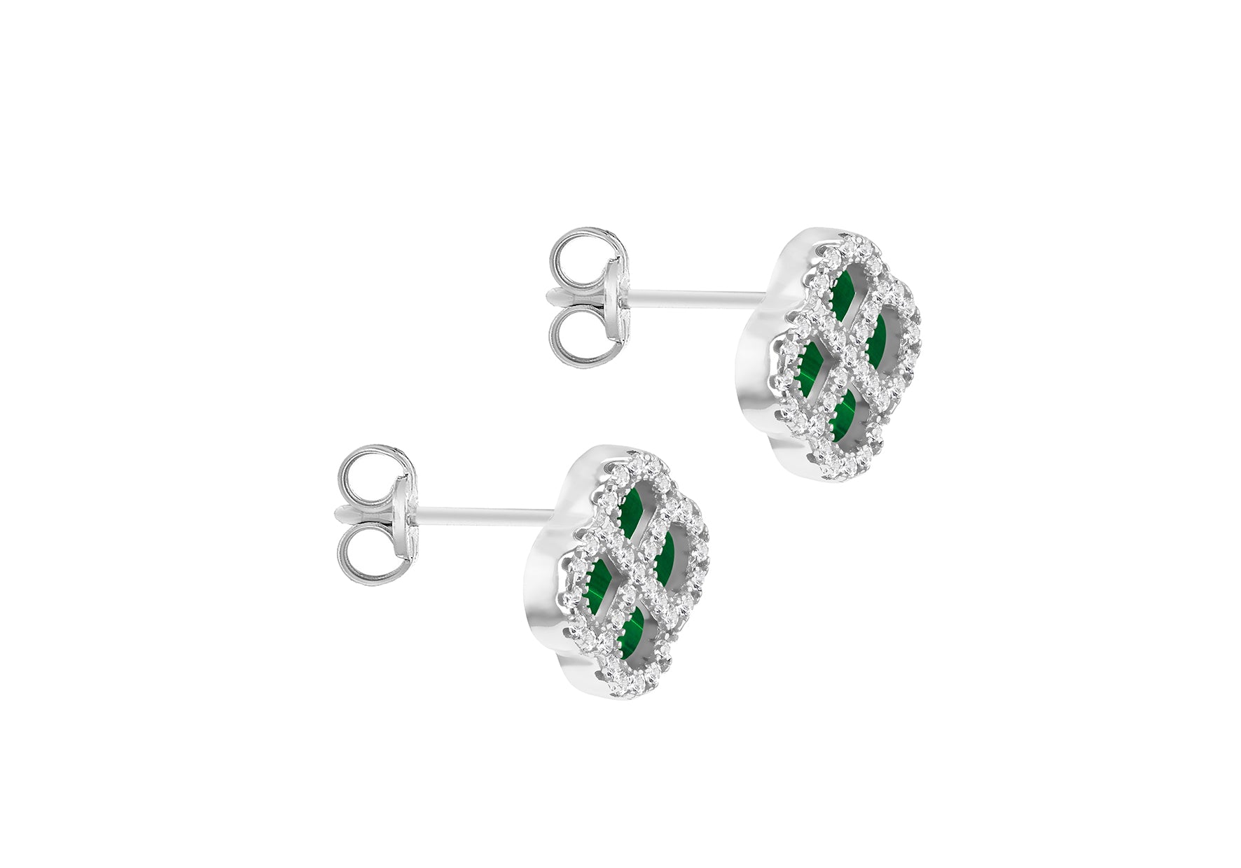 Sterling Silver Malachite & White Zirconia Clover Stud Earrings