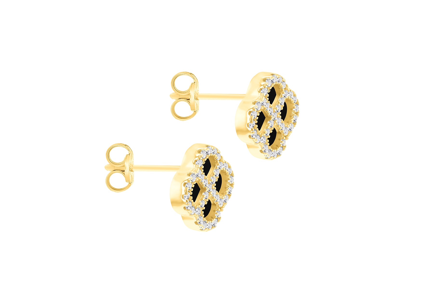 Gold Plated Silver Black Agate Clover & White Zirconia Stud Earrings