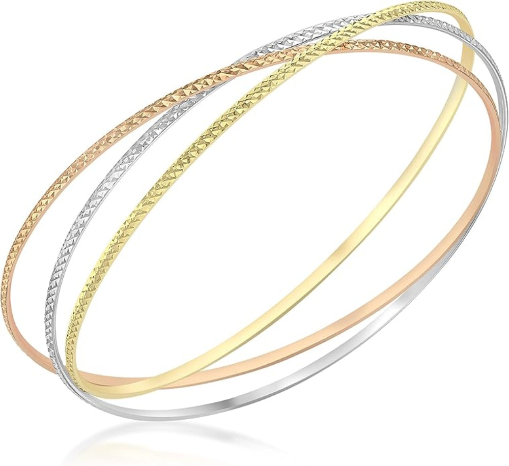 9ct 3-Tone Gold Diamond Cut Russian Bangle