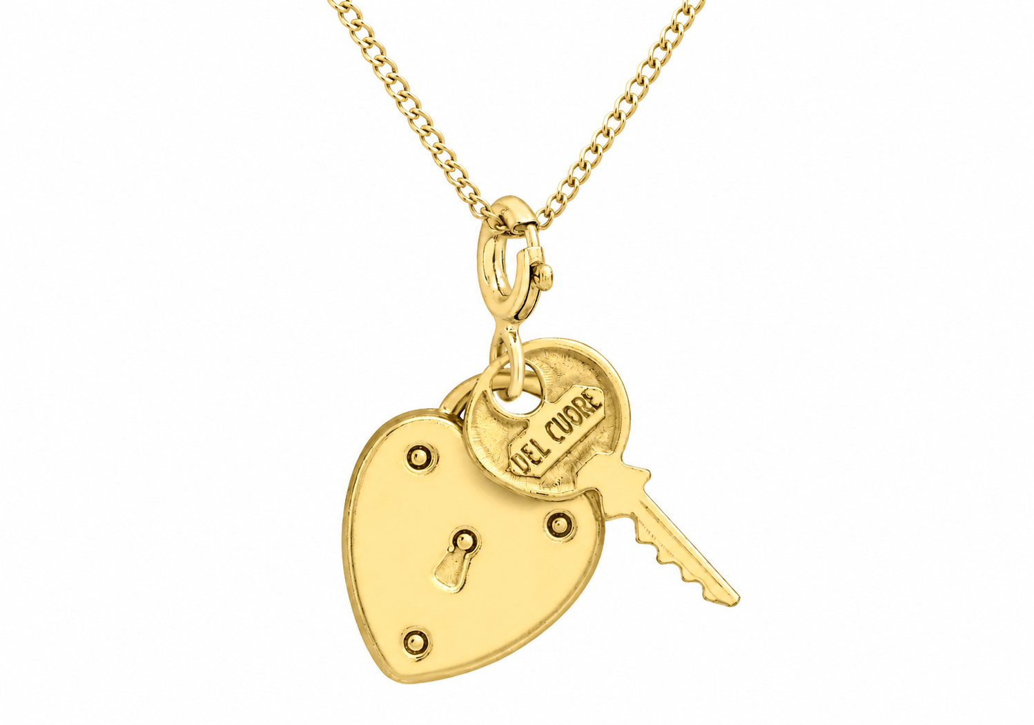 A gold heart-shaped padlock pendant necklace with a key charm, shown on a white background. The padlock is engraved with 'FUEL FORCE' on the key ring.
Details