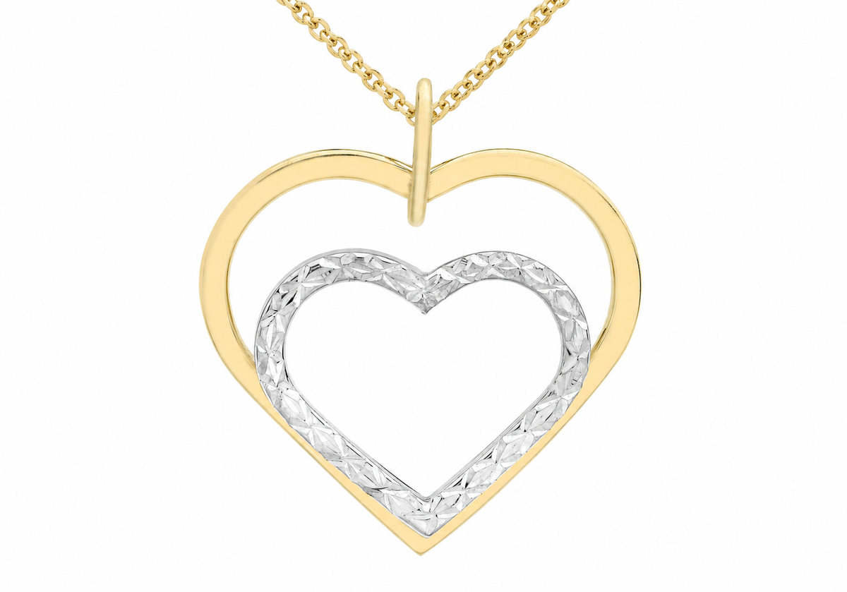 9ct Two-Tone Gold Diamond Cut Double-Heart Pendant
