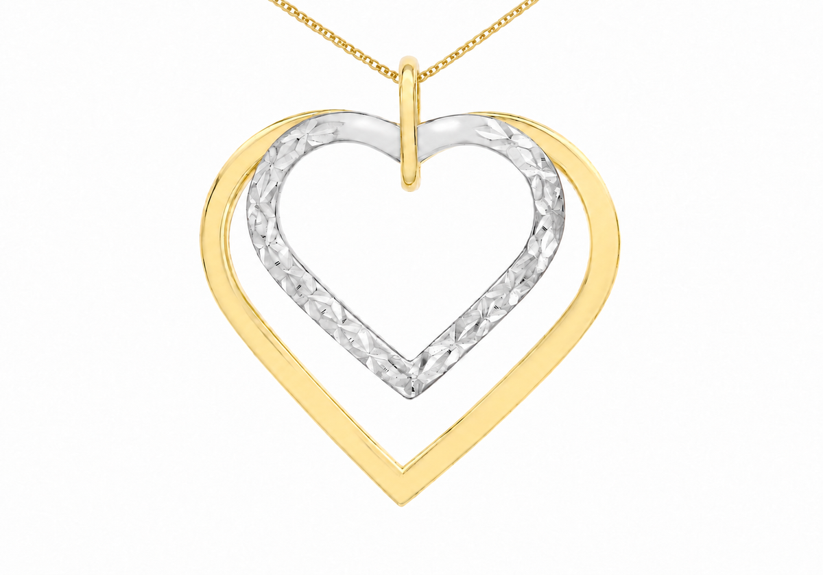 9ct Two-Tone Gold Diamond Cut Double-Heart Pendant