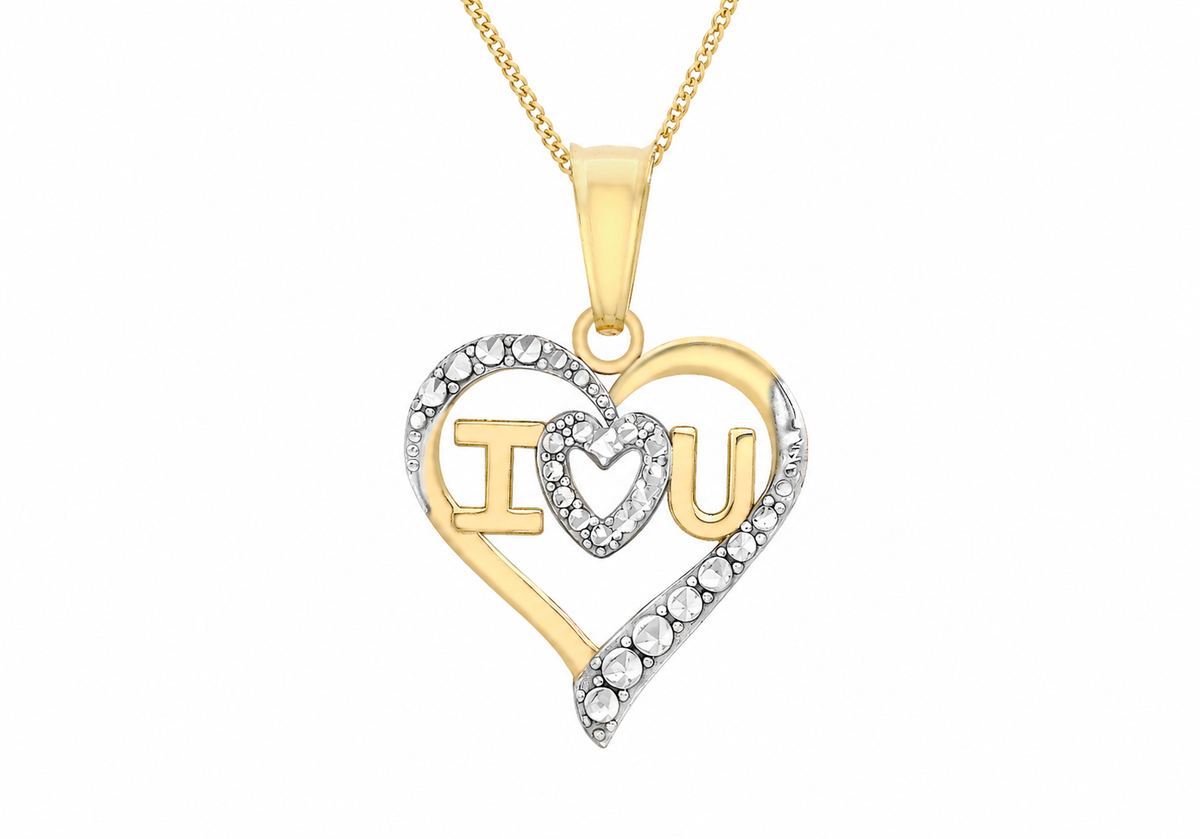 9ct Two-Tone Gold I Love You Open Heart Pendant Necklace