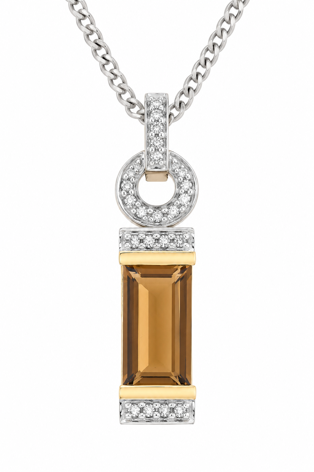 9ct White Gold 0.10ct Diamond & Baguette Smokey Quartz Pendant
