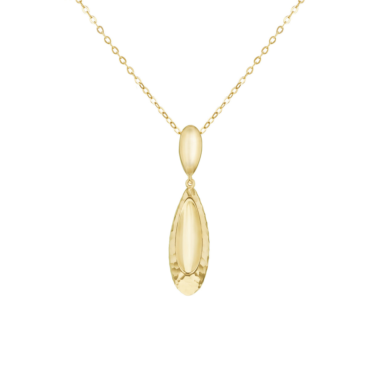 A gold pendant necklace featuring a teardrop-shaped drop with a textured outer oval and a smooth central oval, suspended from a delicate gold chain on a plain white background.
