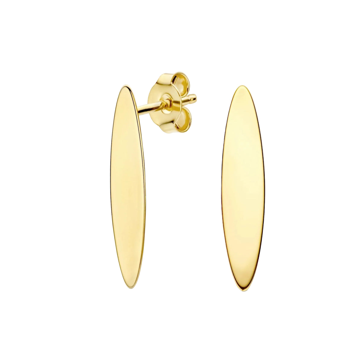 A pair of gold oval drop earrings with a flat, polished surface, shown on a clean white background. One earring is displayed from the front, and the other is shown from the side/back to reveal the post and butterfly clasp.