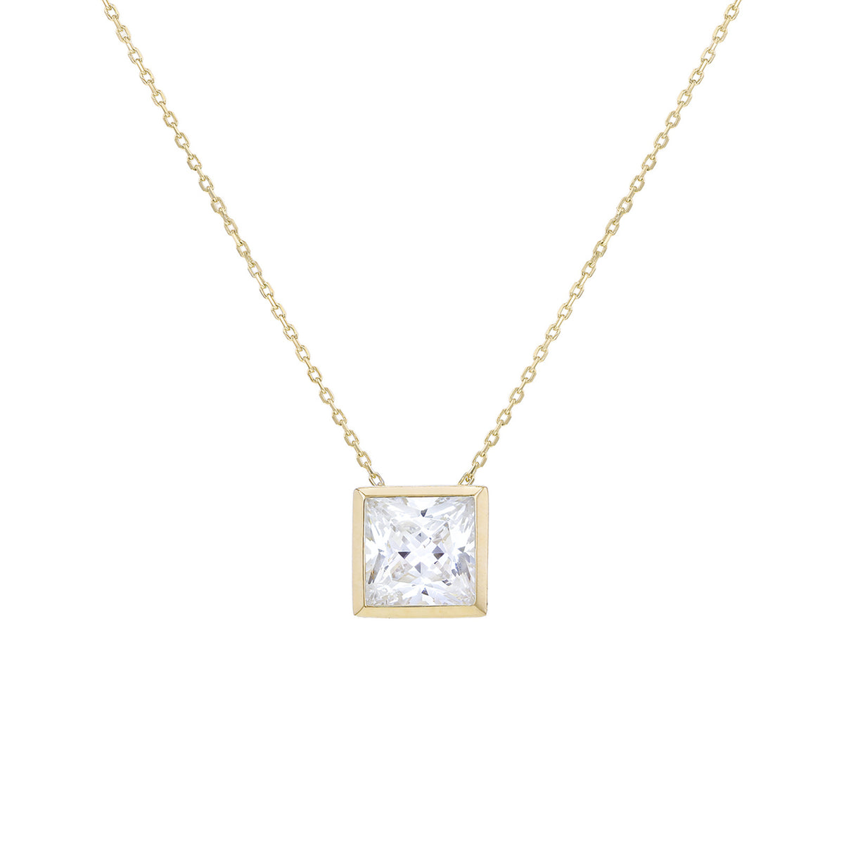 A gold chain necklace with a square princess-cut diamond pendant in a yellow gold bezel setting, shown against a plain white background.