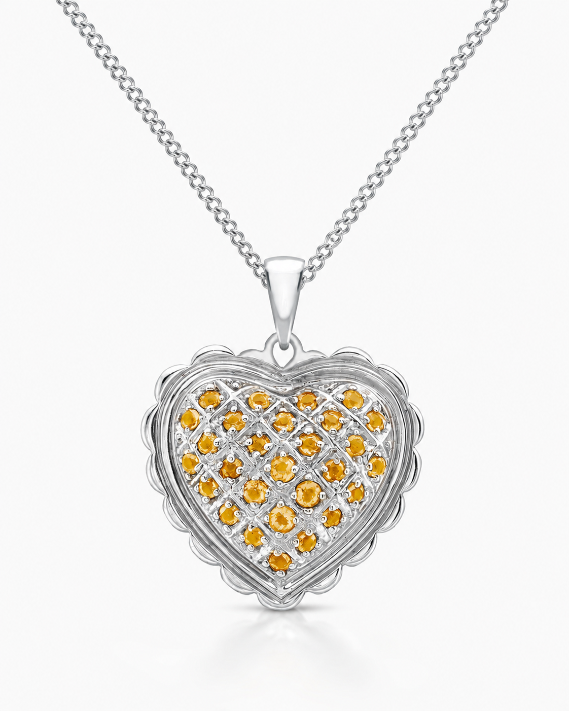 18ct White Gold Citrine Scallop Edge Heart Pendant