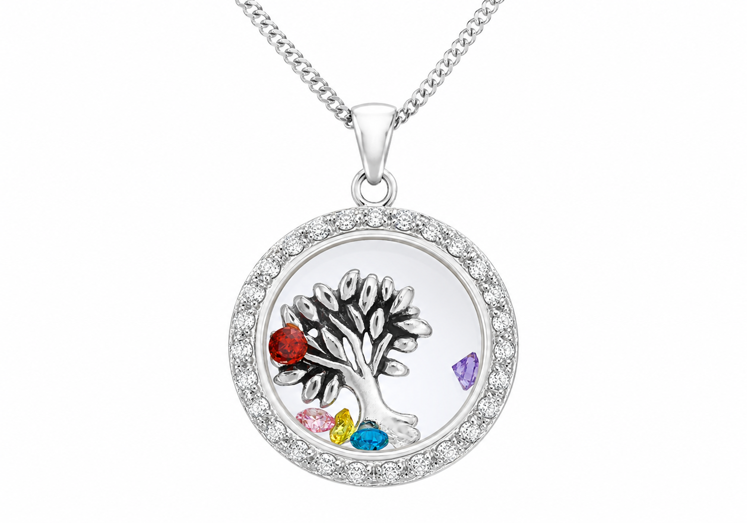 Sterling Silver Floating Multi-Coloured Zirconia Tree of Life Pendant