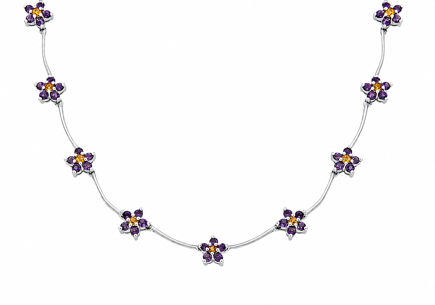9ct White Gold Amethyst & Citrine Floral Necklet