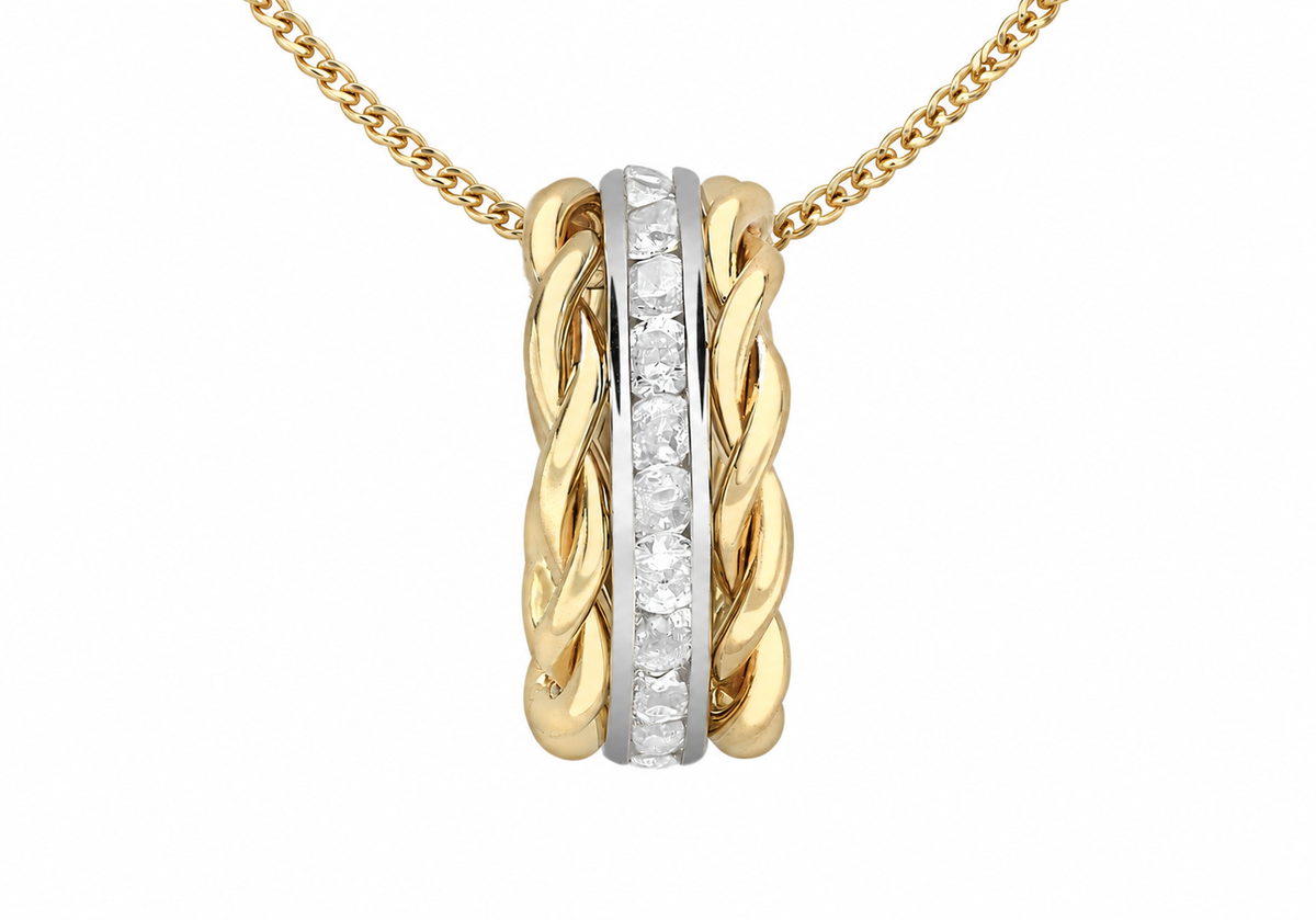 9ct Two-Tone Gold & White Zirconia Knotted Barrel Pendant