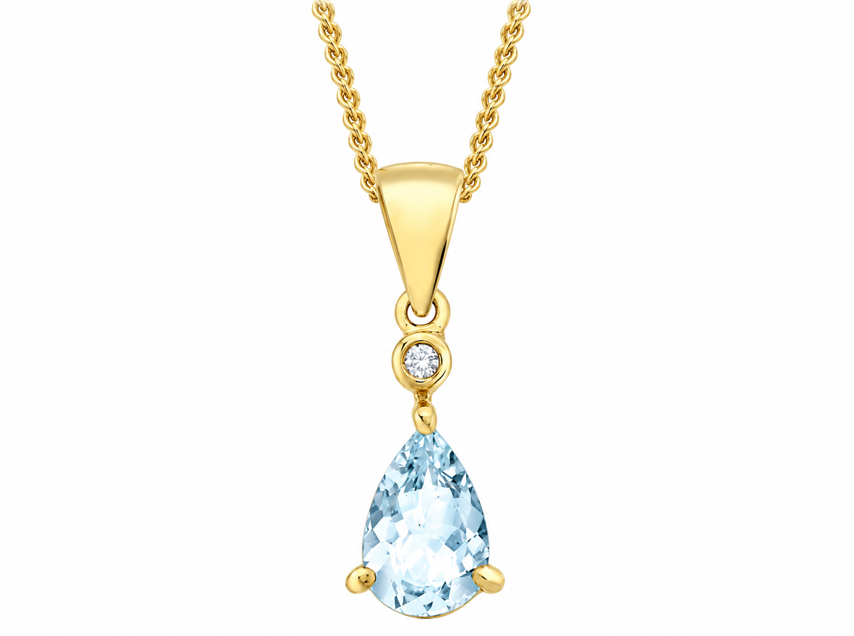 9ct Yellow Gold 0.005ct Diamond & Aquamarine Pear Drop Pendant