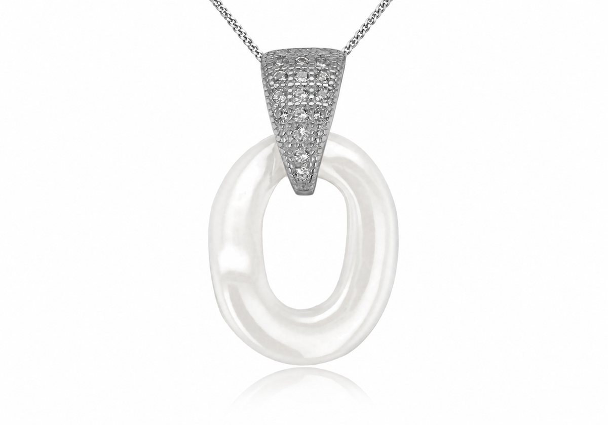 Sterling Silver Aveline White Ceramic & Zirconia Oval Pendant