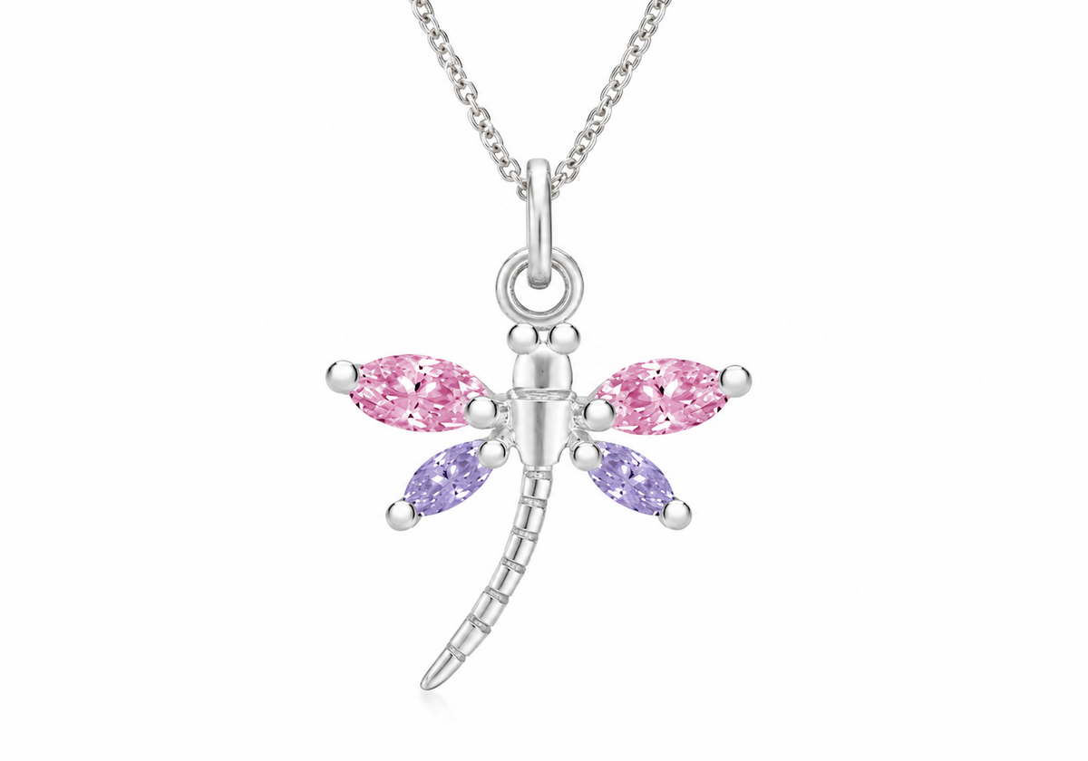 A silver dragonfly pendant necklace featuring pink marquise-cut gemstones on the upper wings and purple marquise-cut gemstones on the lower wings, shown on a clean white background.