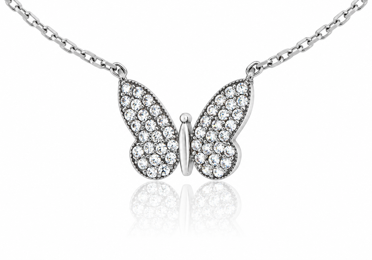 Sterling Silver Rhodium Plated Pavé Zirconia Adjustable Butterfly Necklet