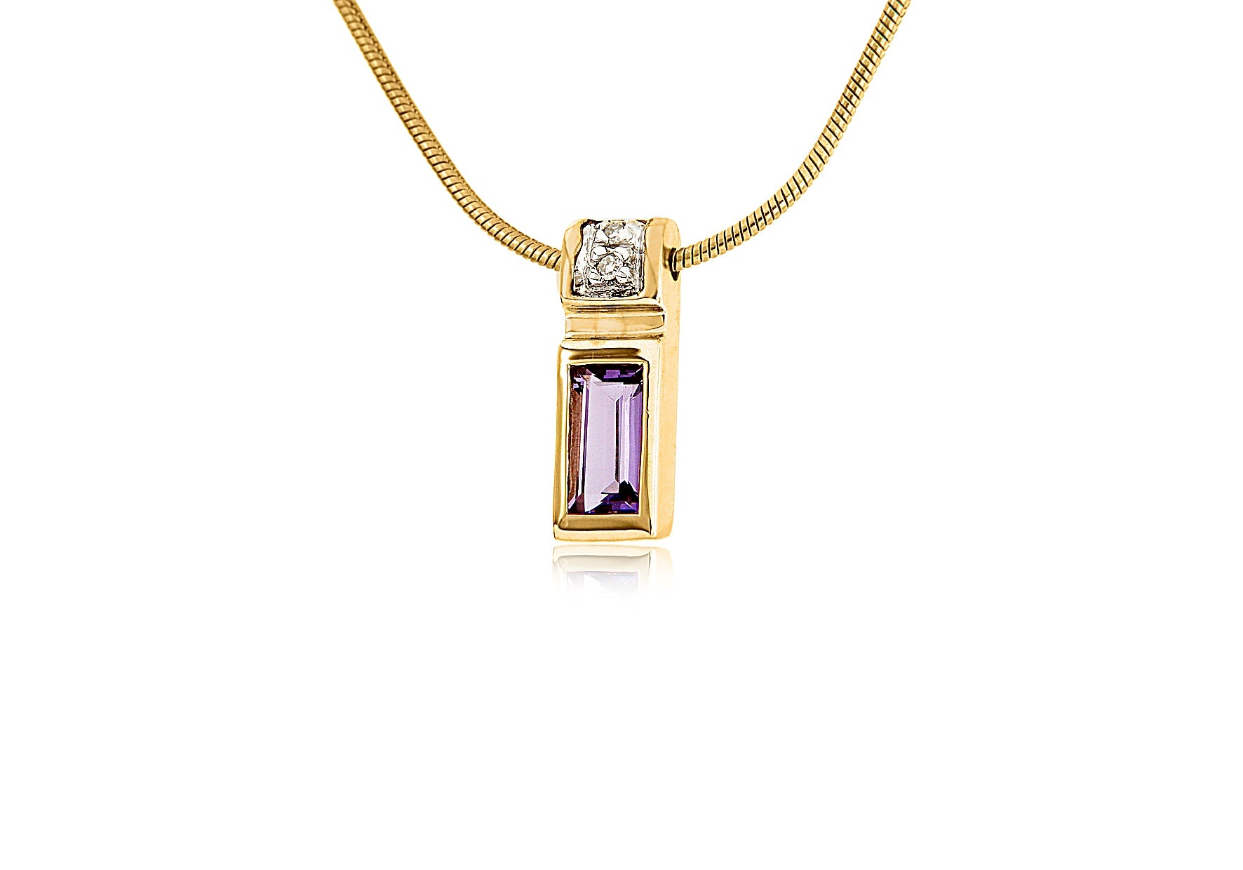 9ct Yellow Gold 0.02ct Diamond & Amethyst Pendant Snake Chain Necklace