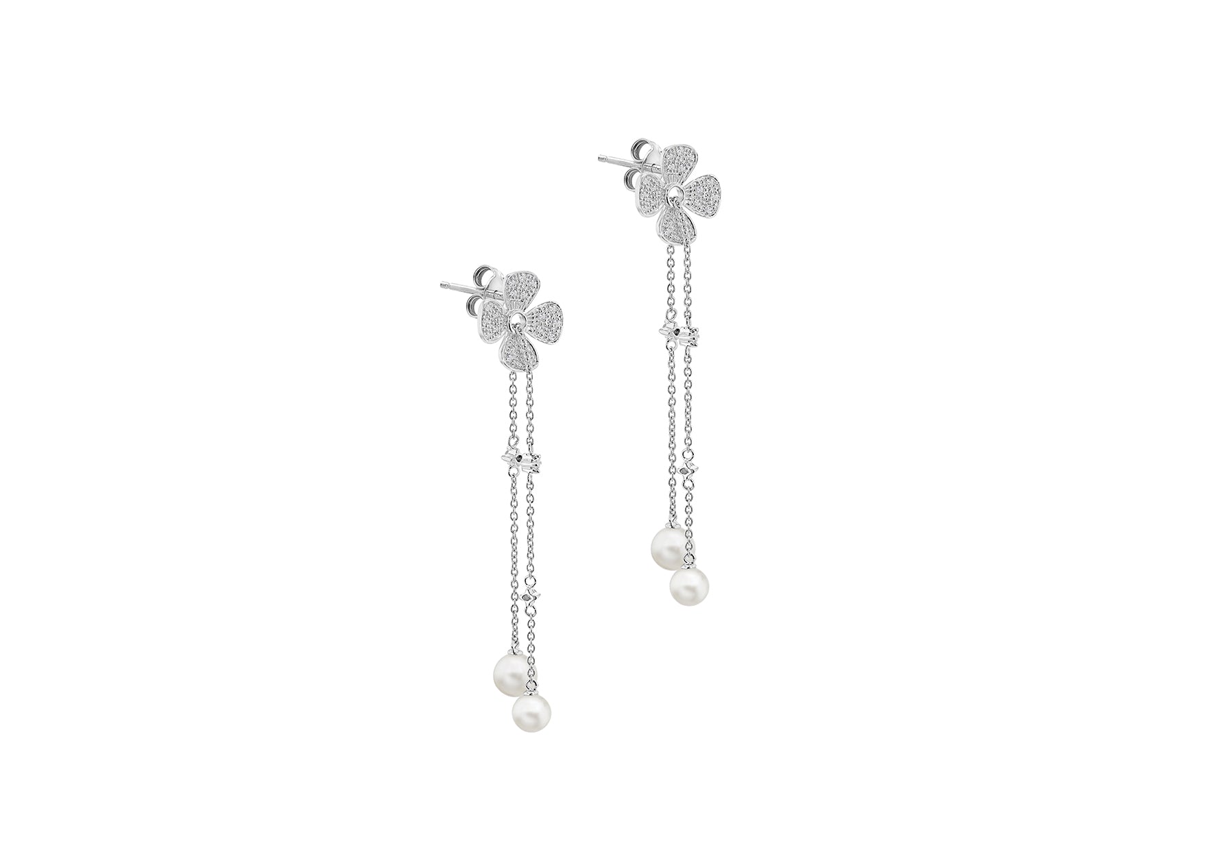 18ct White Gold 0.31ct Diamond & Pearl Blossom Chain Earrings