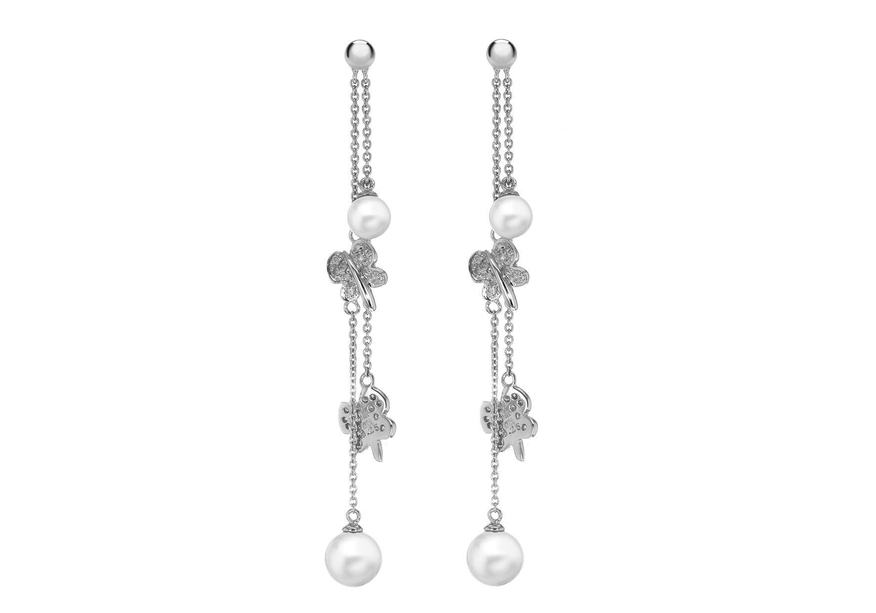 18ct White Gold Pearl & Butterfly Drop Earrings