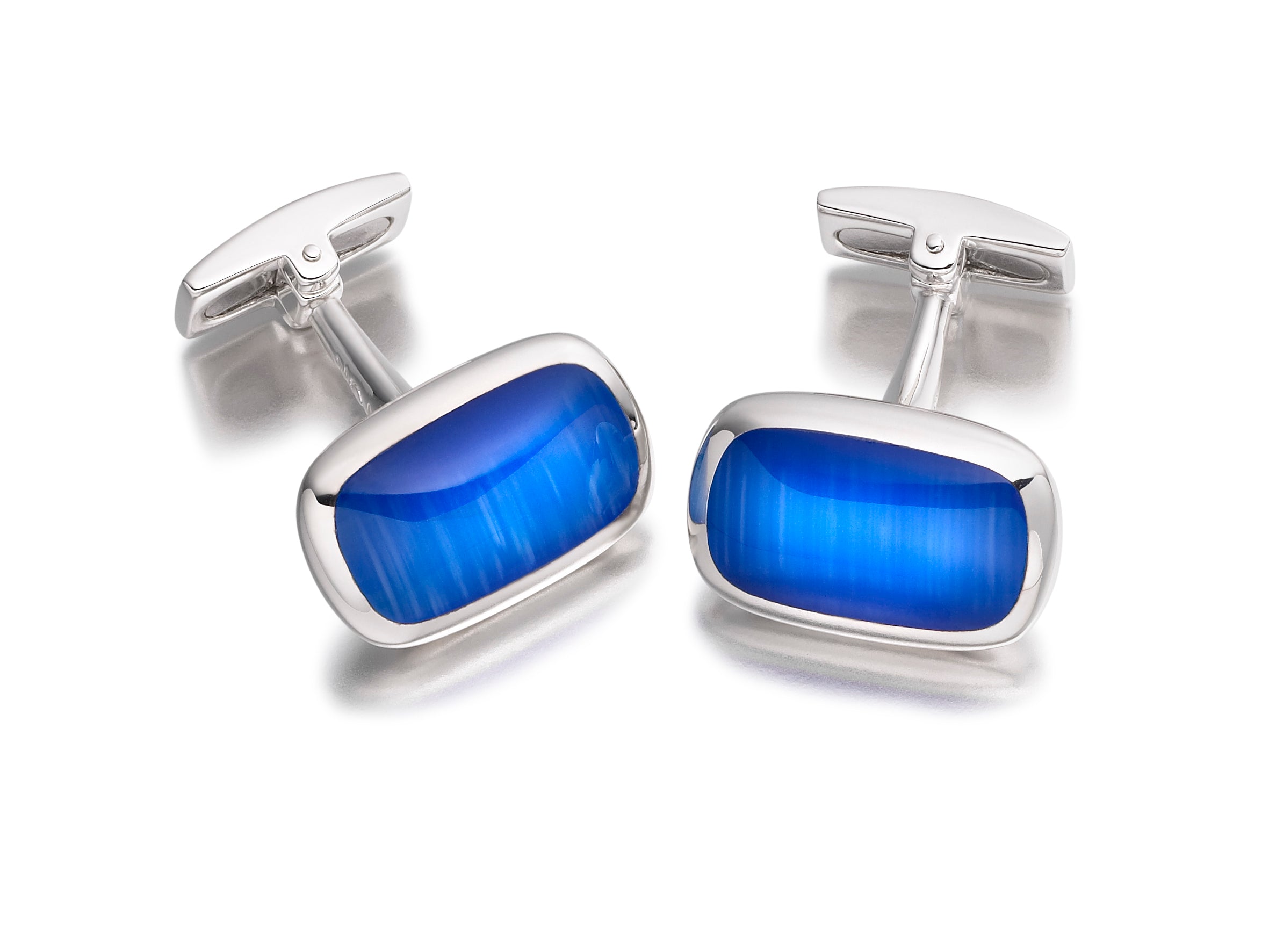 Hoxton London Men's Sterling Silver Blue Cat's Eye Retangle Cushion Cufflinks
