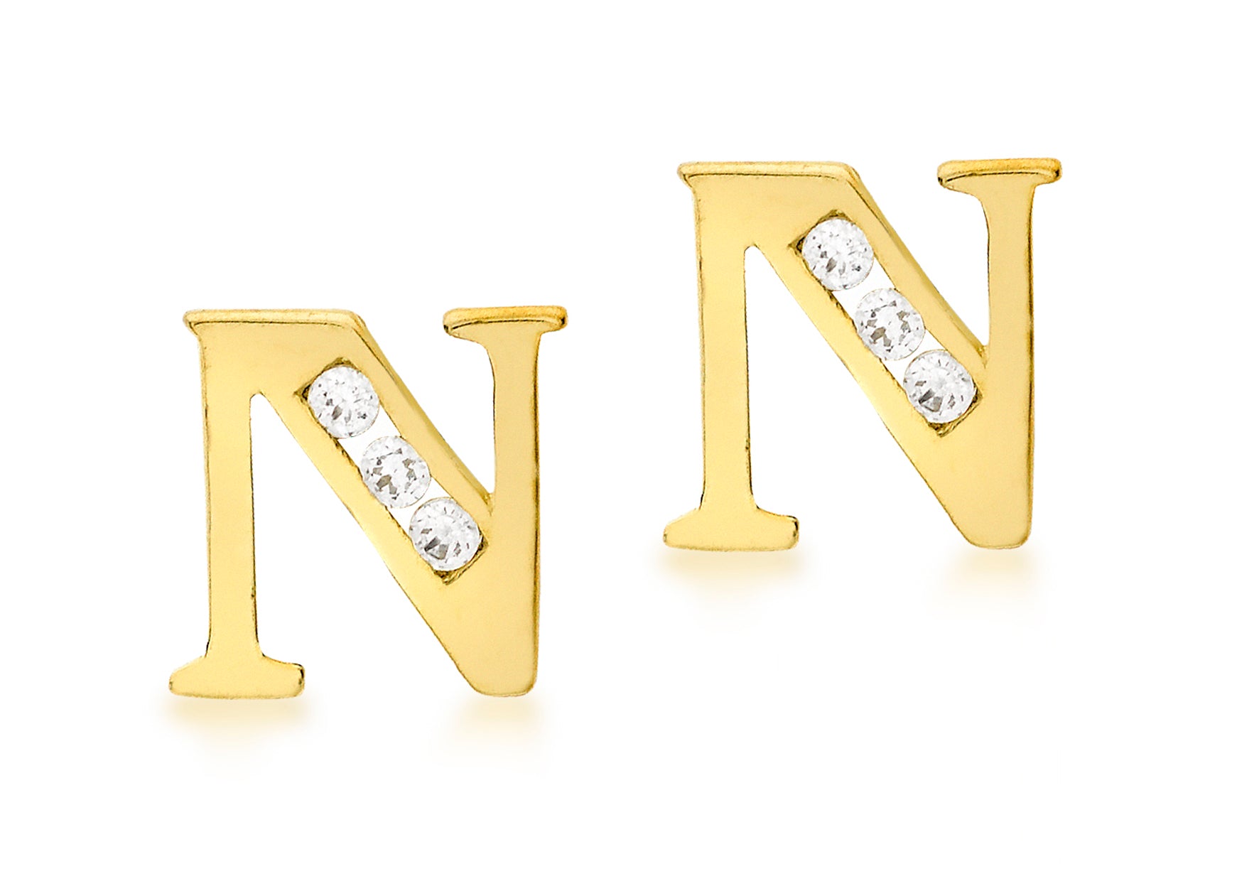 9ct Yellow Gold Zirconia Set 'N' Initial Stud Earrings