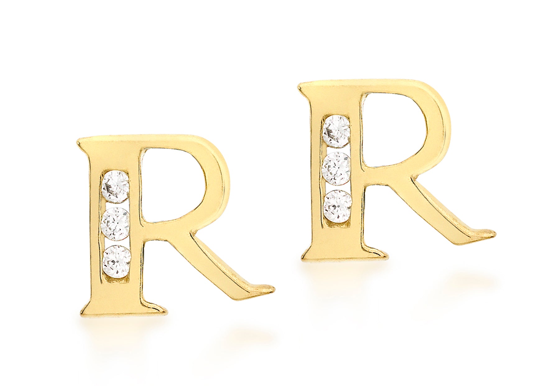 9ct Yellow Gold Zirconia 7mm x 7mm 'R' Initial Stud Earrings