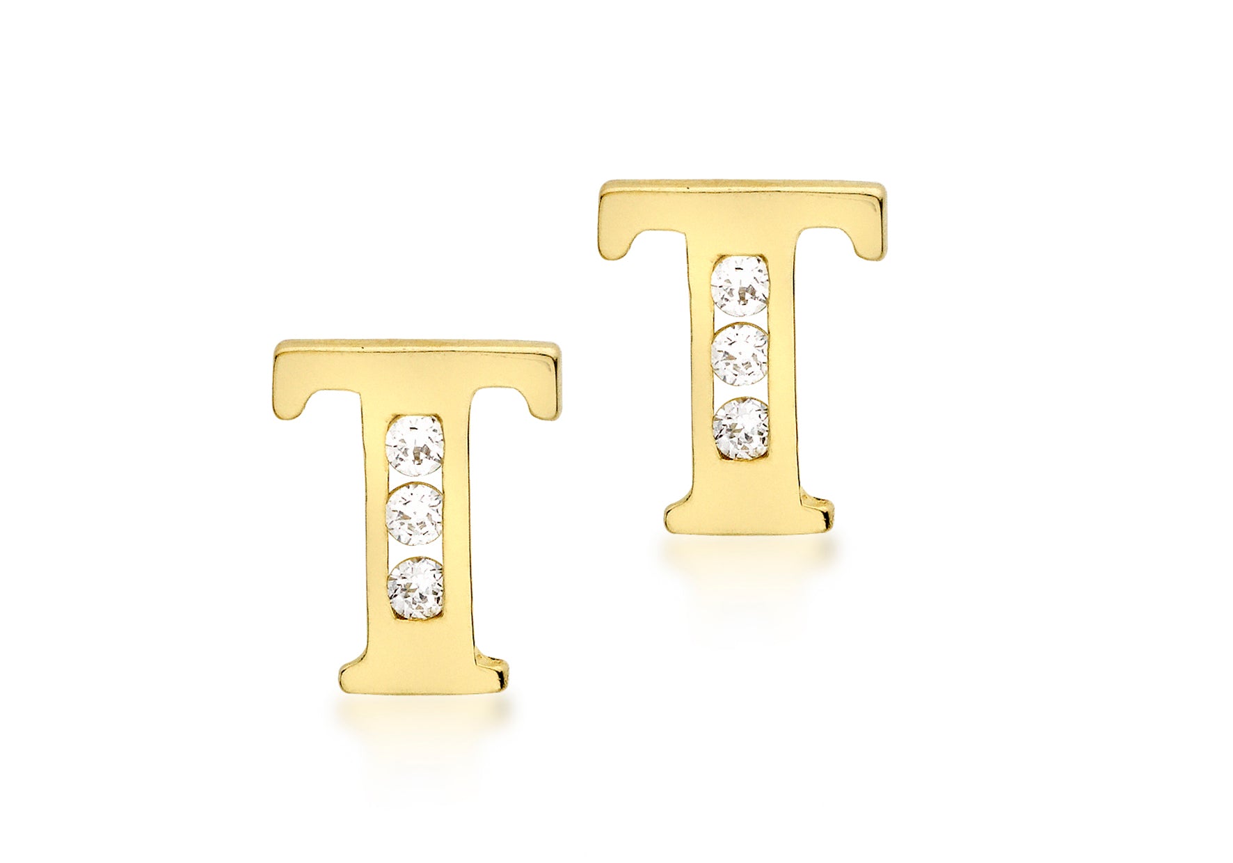 9ct Yellow Gold Zirconia 5mm x 7mm 'T' Initial Stud Earrings