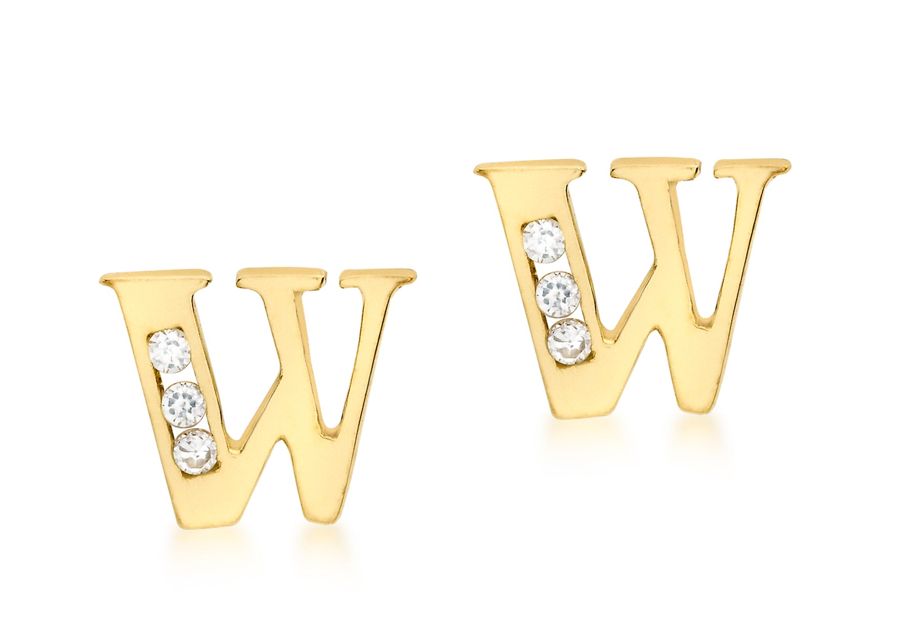 9ct Yellow Gold Zirconia 8mm x 7mm 'W' Initial Stud Earrings
