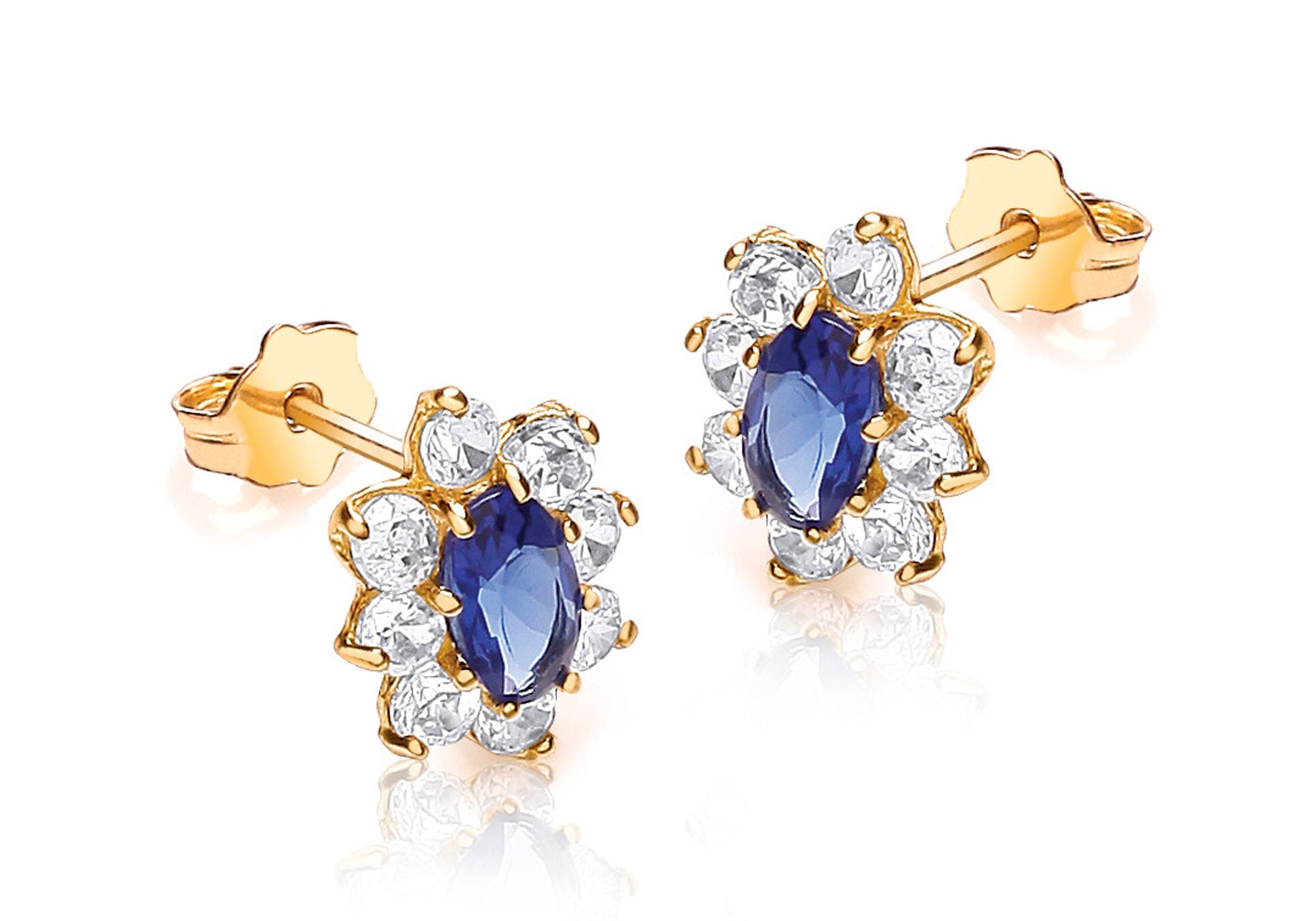 9ct Yellow Gold White and Oval Blue Zirconia Flower Cluster Stud Earrings