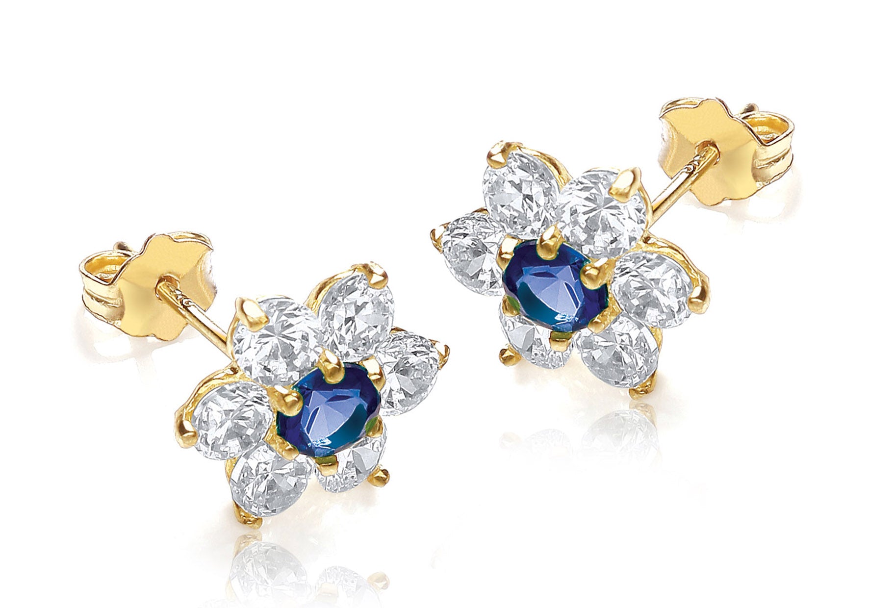 9ct Yellow Gold Blue and White Zirconia 10mm x 10mm Flower Cluster Stud Earrings