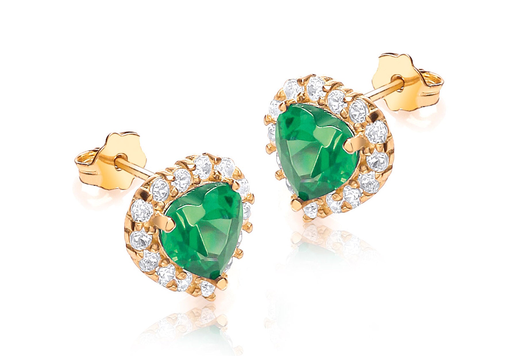9ct Yellow Gold Green Crystal and White Zirconia Stone Heart Cluster Stud Earrings
